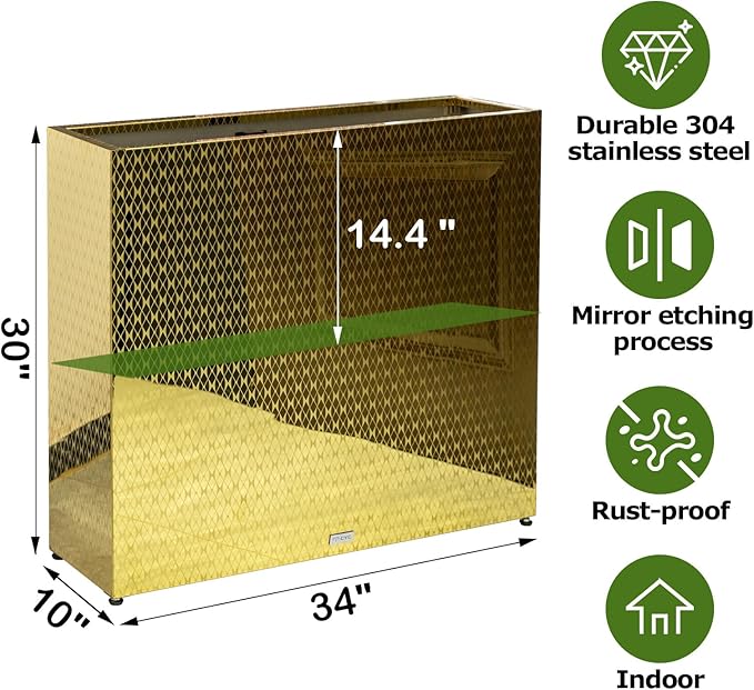 CYC Luxury Golden 30"H x 34"W x 10"D Stainless Steel Rectangular Tall Large Planter Box with Mirror Etching No Coating for Indoor or Outdoor Patio/Porch, Modern Décor for Tall Plants, Trees, Flowers