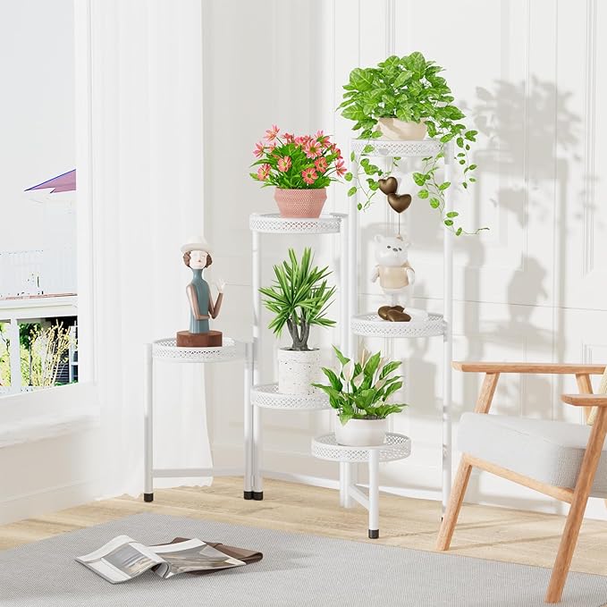 iDavosic.ly Plant Stand Indoor Outdoor, 6 Tier Corner Metal Flower Display Holder Shelf, Easy Assembly Folding Tall Orchid Rack for Patio Balcony Porch Garden Living Room House, Wrought Iron - White