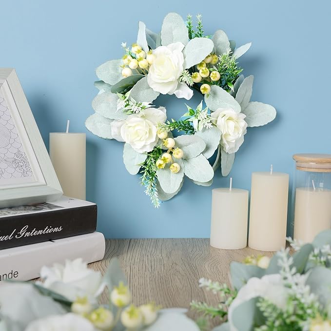 6 Pcs Wedding Rose Candle Rings Swag Wreath Artificial Floral Wreaths with Lamb Leaf Flower Candle Rings Candleholders Garland for Pillar Centerpiece Party Table Wall Window Farmhouse Decor