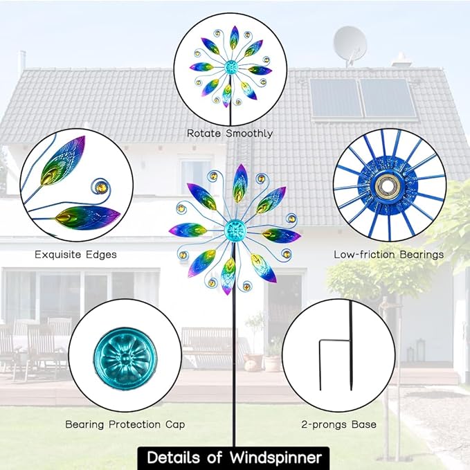 VEWOSTAR Metal Wind Spinners Outdoor 10” Dia Wind Spinners for Yard and Garden Kinetic Windmill Waterproof Wind Sculptures & Spinners for Patio Lawn Decor(37.8” H)