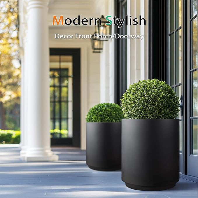 Heyzier Round Concrete Planter Outdoor Indoor, Large Cement Plant Pots for Flowers (Black, 12 inch)