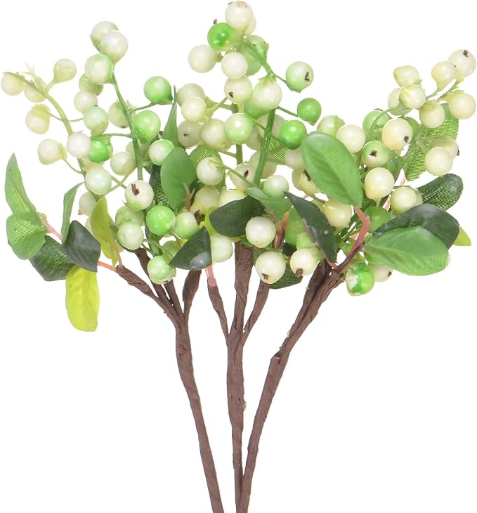 3-Pack Artificial Berry, 9.8 Inch Faux Holly Berry Foam Faux Frosted Berries with Stems for Home/Wedding/Christmas/DIY/Party/Garden/Office [White Green]