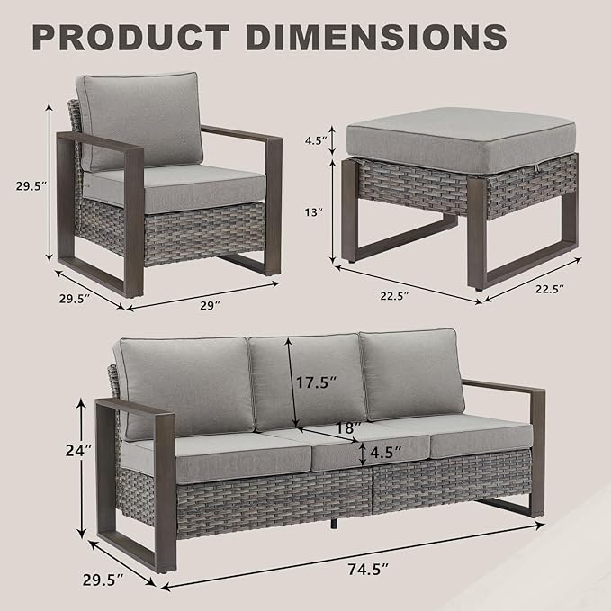 Rilyson Outdoor Wicker Patio Furniture Set - 5 Piece Patio Conversation Set with 2 Wicker Armrest Chairs,2 Rattan Ottoman and 1 Couch,Sturdy Frame,Thick Cushions,Deep Seating(Mixed Grey/Grey)