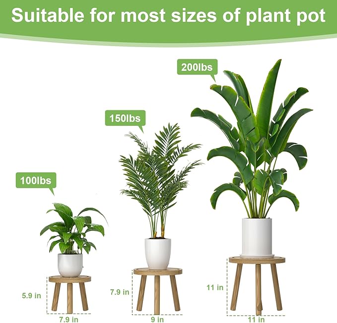 Vecxoty 3-Pack Wood Plant Stands Indoor, Single Plant Stand for 6-12 Inch Pots, Mid-Century Modern Plant Stool, Tall Plant Stand for Large Plants for Living Room, Balcony, Office (Light Brown