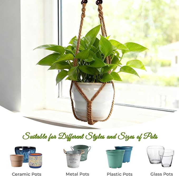 EJGIEGSO Macrame Plant Hanger, Up to 4-15 inch Pots, Wood Beads Cotton Hanging Planter Holder for Indoor Outdoor Boho Home Decor, 35 Inch, Set of 2 (Brown)