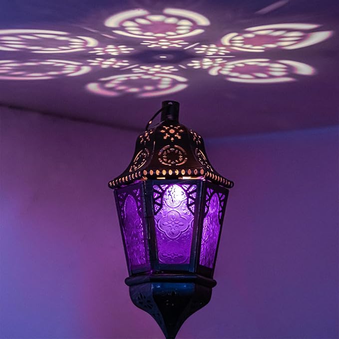 DECORKEY Moroccan Decorations Indoor, 13.6’’ Lantern Decorative Outdoor, Halloween Style Hanging Lantern with Chian for Home Porch Patio Decor, Vintage Metal Christmas Ramadan Candle Holders(Purple)