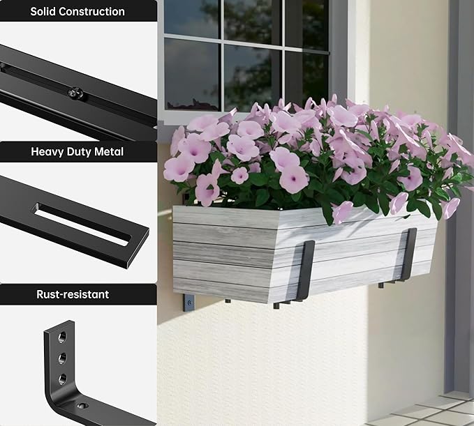 Y&M Adjustable Window Box Brackets for Planter Box, Heavy Duty Wall Mounted Hooks Hangers for Flower Baskets Holder Durable, Brackets for Fence Patio Garden Balcony(2 Packs)