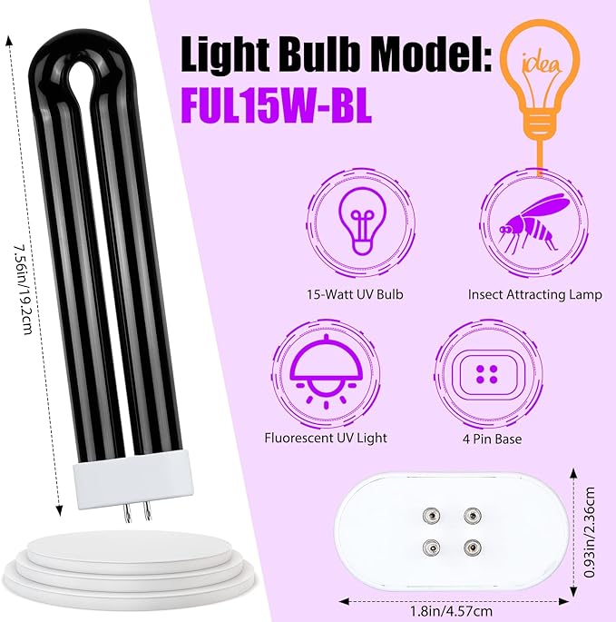 Zapper Light Bug Zapper Replacement Bulbs Insect Attracting Lamp FUL15W BL U Shaped Twin Tube Fluorescent UV Lamp 7.56 x 1.80 x 0.93 inch (Black,2 Pieces)