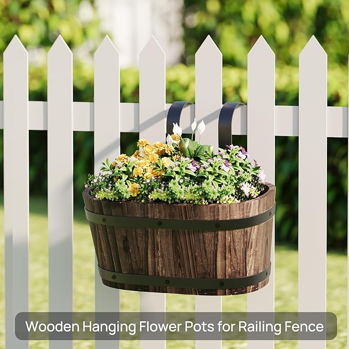 Wooden Hanging Planter for Railing Fence Outdoor Planter Railing Planter Boxes for Plants Wall Planters Window Flower Box Hanging Bucket Pots Countryside Plant Holder (Carbonized,2pcs,Small)