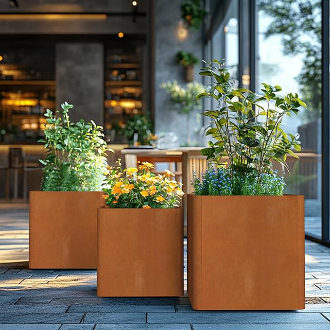 BHCORTEN Corten Steel Planter Box 26" L x 26" W x 26" H,Large Metal Square Planter for Outdoor Plants,Metal Cube Flower Pot with Drainage Hole for Porch Hotel Patio Yard