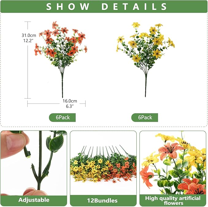 Artificial Flowers for Outdoors 12 Bundles Fake Plants Spring Home Decoration, Realistic Faux Flower Silk Daisy with Eucalyptus Stem UV Resistant Patio Planter Porch Yard Window(Orange Yellow)