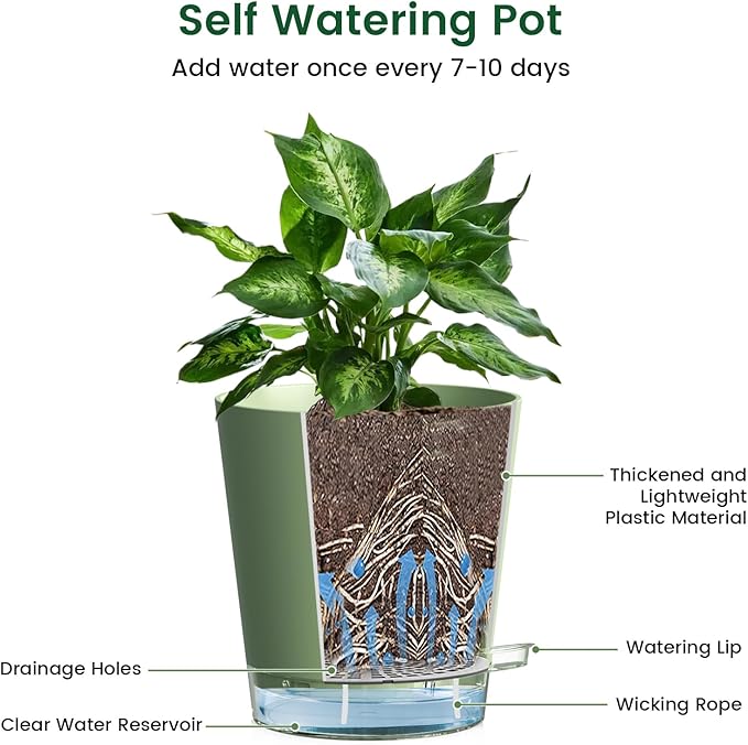 Meowell 4 inch Self Watering Pots for Indoor Plants, 5 Pack Small Flower Plant Pots with Drainage Holes and Clear Reservoirs, Visible Water Level, Plastic Planters with Wicking Rope, Green