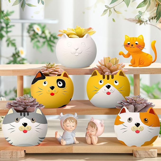 Pasimy 6 Set Ceramics to Paint DIY Ceramic Succulent Planter Pots Paint Your Own Flower Pots Craft Kit Unpainted Bisque Flowerpot with Brush Palette for Family Activity Holiday Gifts(Cat)