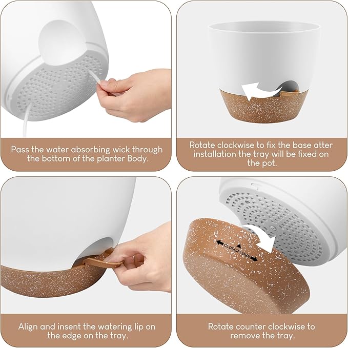 YNNICO Plant Pots 10/9/8/7.5/7 inch, Self Watering Planters with Drainage Holes & Saucers for Indoor and Outdoor Plants (White)