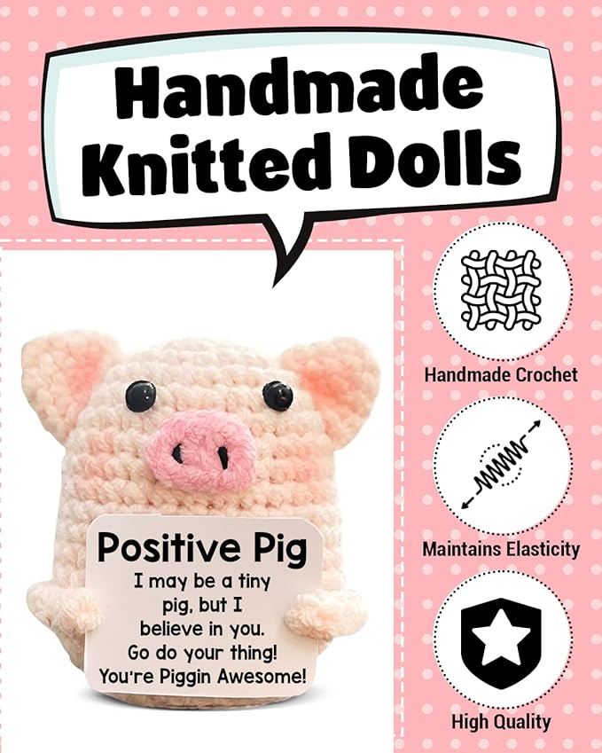 WEZADUK Funny Positive Crochet Pig Gifts for Women Friends, Pink Handmade Emotional Support Plush Pig Decor, Cute Mothers Day Birthday Gifts