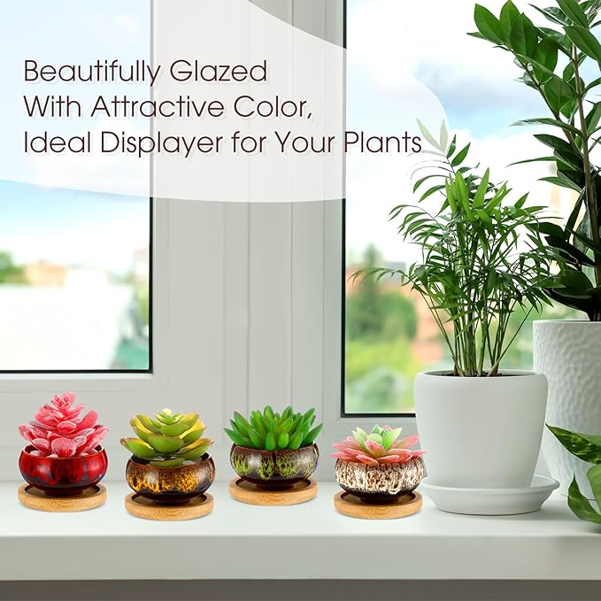 RimCereal 24 Pcs Ceramic Succulent Pots 2.5 Inch Small Plant Pots Indoor with Drainage and Bamboo Saucers Colorful Succulent Flower Planters for Garden Plants Home Decor(Round,1.2 Inch H)