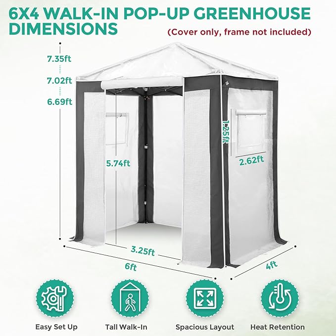 EAGLE PEAK Replacement Cover for 6x4 Portable Pop up Greenhouse with Polyester Reinforced Corners, Front Roll-Up Zipper Entry Door and 2 Roll-Up Side Windows (Frame Not Included), Gray/White