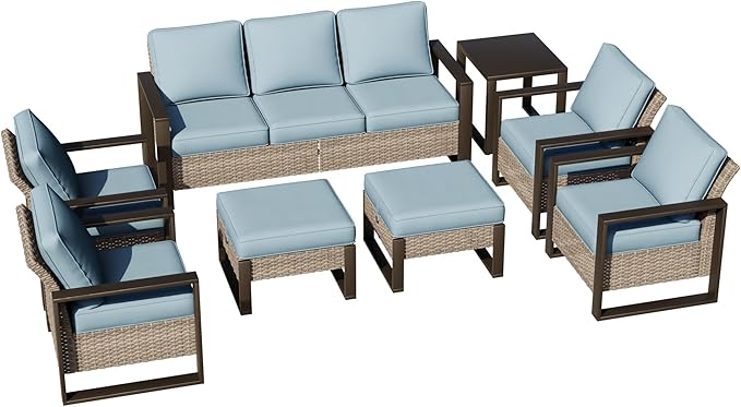 Joyside Outdoor Patio Chairs, 8 Pieces Wicker Rattan Furniture Set, 4 Patio Chairs, 1 Sofa, 2 Ottoman and 1 Table, Metal Wide Armrest, Thick Cushions and Deep Seating for Garden, Backyard, Porch