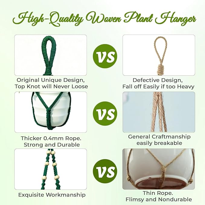 EJGIEGSO Macrame Plant Hanger,Up to 4-15 inch Pots, Wood Beads Cotton Hanging Planter Holder for Indoor Outdoor Boho Home Decor, 35 Inch, Ivory, Set of 2 (Green)
