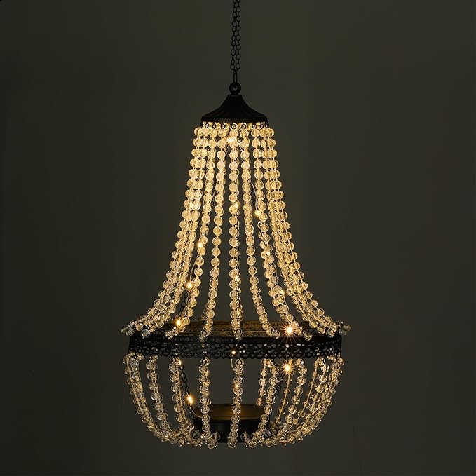 Hanging Solar Lantern Outdoor, 28” Modern Clear Crystal Acrylic Chandelier with 30 Warm White Lights S Hook for Garden, Yard, Patio, Gazebo Decorations