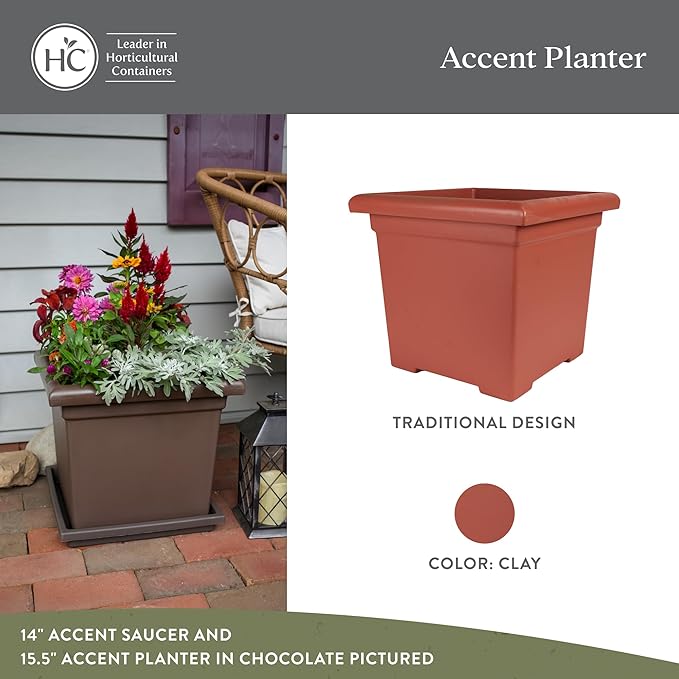 The HC Companies Accent Square Plant Pot w/Drainage - Classic Planters for Outdoor Plants & Indoor Plants - Lightweight & UV-Resistant Square Planter Box (12.5”, Clay, Pack of 1)