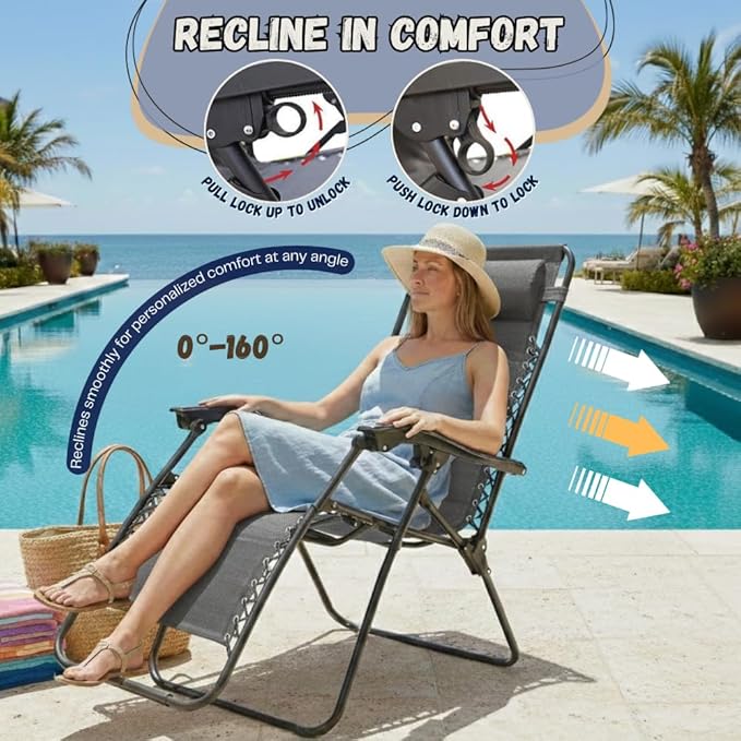 EZONE Zero Gravity Lounge Chairs Outdoor Adjustable Reclining Patio Chair Steel Mesh Folding Recliner for Pool Beach Camping Lounge Chair with Pillows and Cup Tray (2, Grey)