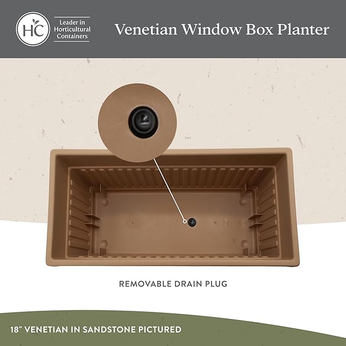 The HC Companies Venetian Window Planter Box w/Drain Plug - Long Planter Box for Windowsills, Balconies & More - Plastic Rectangular Outdoor Planters for Herbs & Flowers (18" Chocolate, Pack of 1)