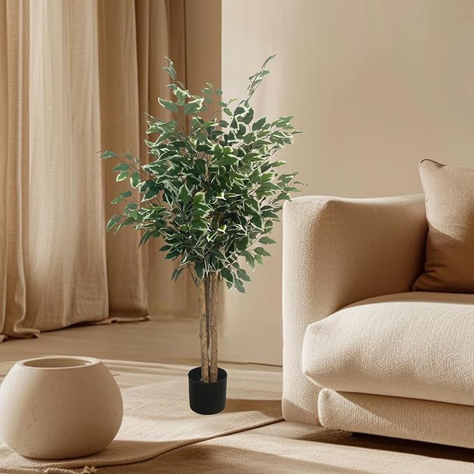 XBrand 47.2-Inches Two-Tone Variegated Artificial Ficus Tree in Pot for Indoor Outdoor Home Office Store, Great Housewarming Gift