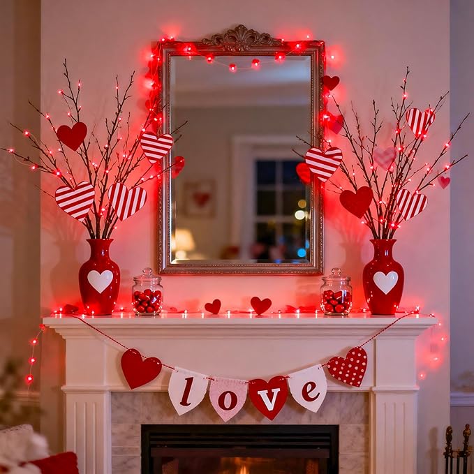 JMEXSUSS 4 Pack 50 LED Red Valentines Day Fairy Lights Battery Operated, 16.1ft Christmas Fairy Lights, Red String Lights for Bedroom Wedding Party Holiday Decorations