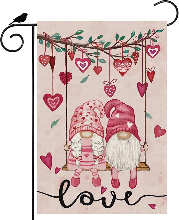 Valentine’s Day Romantic Swing Gnome Love Hearts Garden Flag Yard Flag 12x18 Inch Double Sided Small Mini Yard Outdoor Outside Holiday Decoration