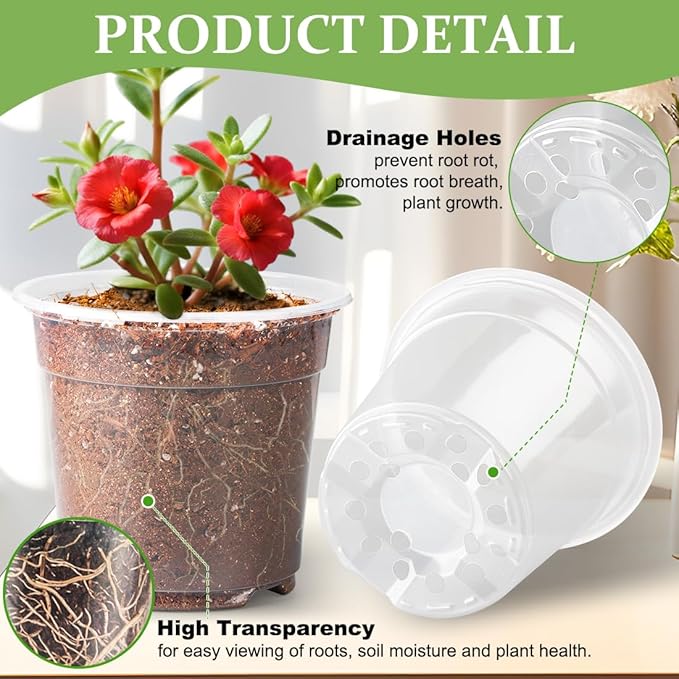 RooTrimmer 60 Pack 6 Inch Clear Nursery Pots for Plants, Flexible Plastic Plant Pots with Drainage Holes, Transparent Plant Starter Pots for Seedlings, Vegetable, Succulents, Flowers