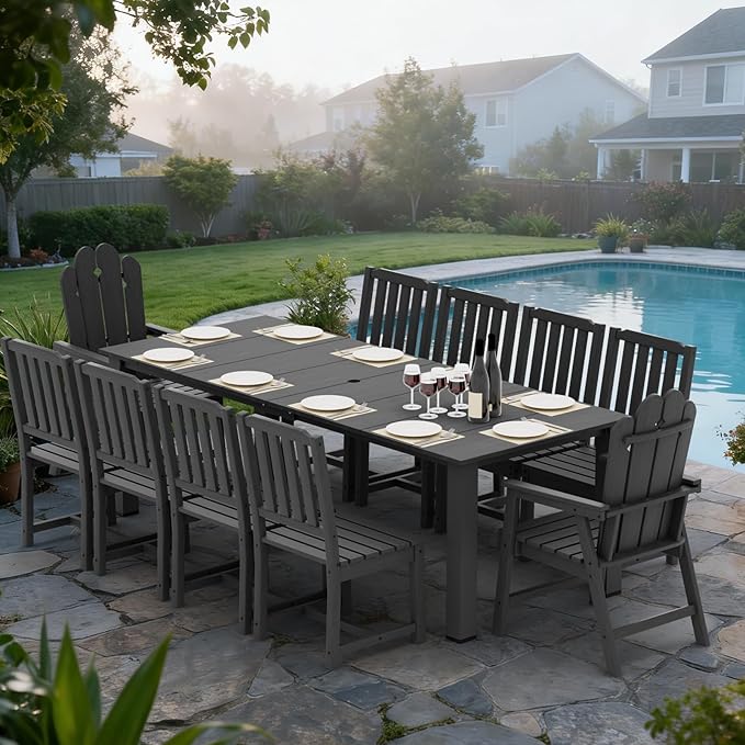 11-Piece Patio Dining Set, Outdoor Dining Set for 10, HDPE All-Weather Outdoor Furniture with 89.57” Umbrella Hole Table, 2 Armchairs & 8 Armless Chairs, Gray