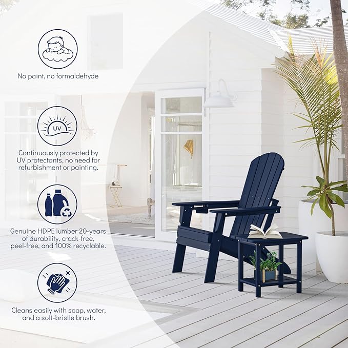 Plawdlik Folding Adirondack Chair Set of 6 with Cup Holder，Wooden Textured ，Heavy All-Weather HDPE Comfortable Set Poolside Backyard Lawn, Navy
