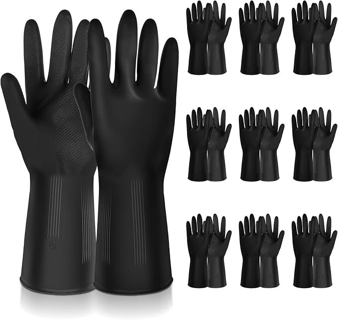 10 Pairs Chemical Resistant Latex Gloves, Heavy Duty Black Rubber Gloves, Reusable Dishwashing Cleaning Glove, Cleaning Protective Safety for Car Home Lab (Large)
