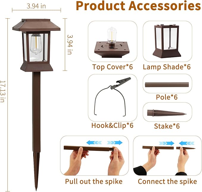 Glosola 6Pack Solar Pathway Lights Outdoor Waterproof IP65, Brown Solar Lights Outdoor with Hook Upgraded 1000mAH Battery, Up to 12Hrs, Auto On/Off, Garden Decor for Yard, Driveway, Walkway (Bulb)