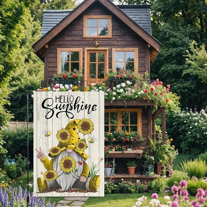 Welcome Sunshine Garden Flag 12x18 Inch Double Sided Small Burlap Gnome Sunflower Garland Summer Garden Flags Decor Home Yard Lawn Holiday Outdoor Flags Decorations