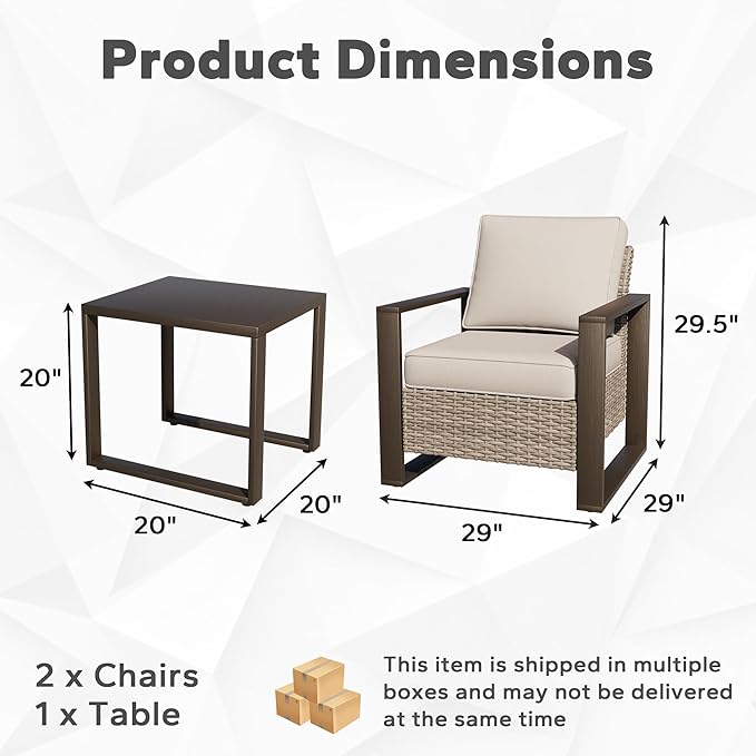Joyside Outdoor Patio Chairs, 3 Pieces Wicker Rattan Furniture Set, 2 Patio Chairs and 1 Table, Metal Wide Armrest, Thick Cushions and Deep Seating for Garden, Backyard, Porch, Deck