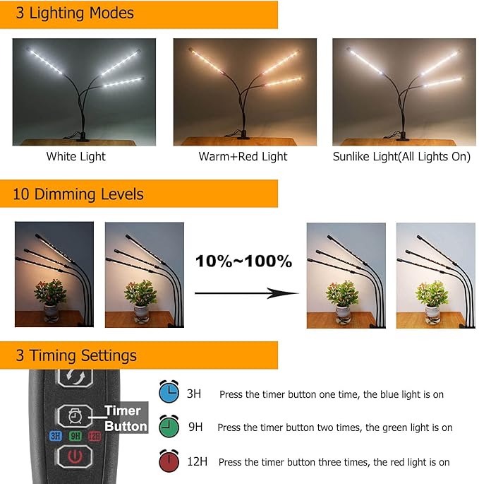 JINHONGTO 3Head Clip Grow Lights for Indoor Plants, Small Pot Plant Grow Light with 3,9,12 Hr Timer, Full Spectrum Bonsai Grow Light, Bright Plant Growing Lamps