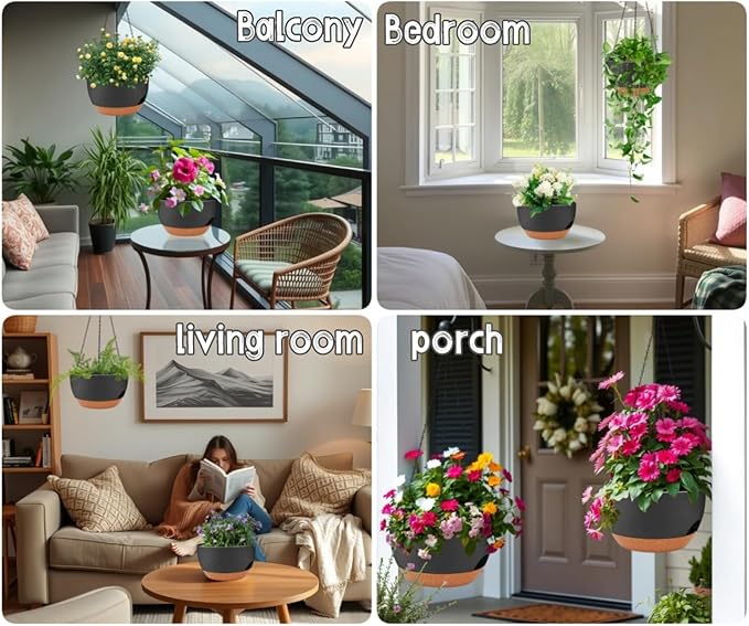 zople 2 Pack 12 Inch Large Hanging Planters with Chains Self Watering Black Brown Plastic Hanging Pots for Indoor Outdoor Plants, Garden Porch Home Decor，Black Brown
