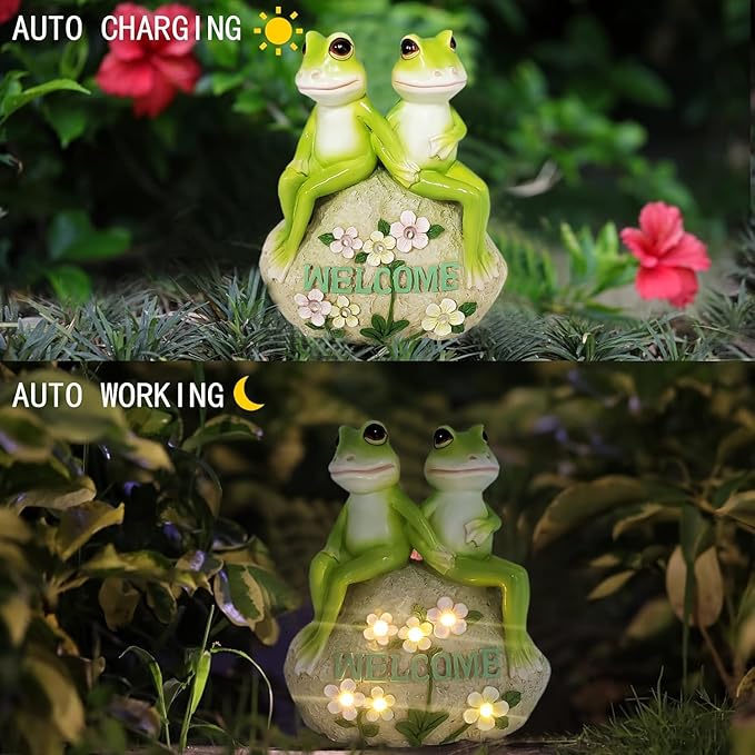 Jy.Cozy Solar Powered Frog Couple Statue with LED Lit Flowers Welcome Sign 7-Inch Tall Resin Garden Decor Romantic Ornament Gift for Porch Patio Housewarming Wedding Outdoor Decor