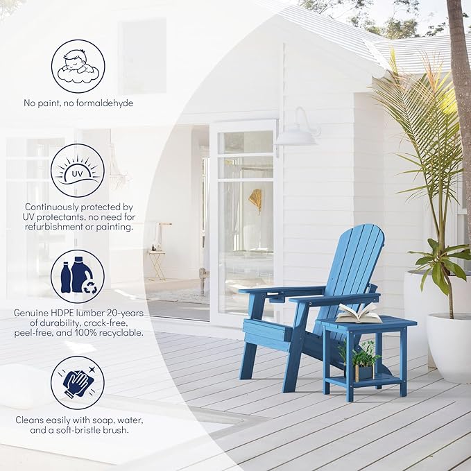 Plawdlik Folding Adirondack Chair Set of 2 with Cup Holder,Heavy All-Weather,Wooden Textured,HDPE Outdoor Chairs, Patio Backyard Fire Pit, Light Blue