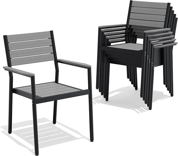 Pellebant Stackable Outdoor Dining Chairs Set of 6, Aluminum Patio Chairs with Arms, All-Weather for Garden, Lawn, Deck, Porch and Yard, Gray