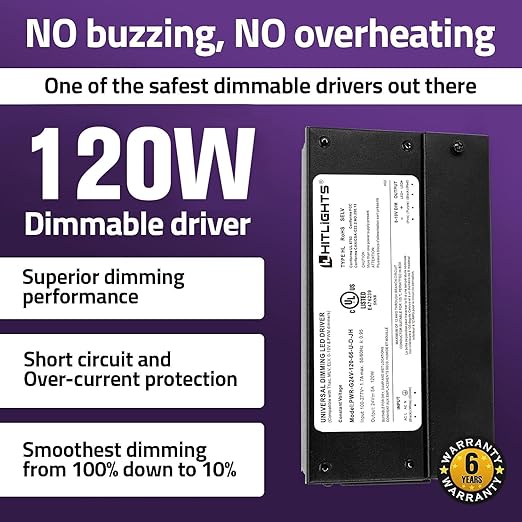 HitLights 120W Dimmable LED Driver, Electronic Transformer, 120V AC to 24V DC Power Supply for LED Strip Light, IP66 Rated, Dimming with TRIAC, 0-10V, 1-10V, Potentiometer, 10V PWM, UL Listed, Class 2