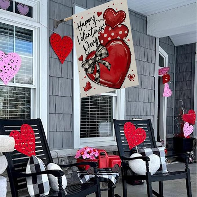 CROWNED BEAUTY Happy Valentines Day House Flag 28x40 Inch Double Sided for Outside Large Burlap Love Hearts Red Holiday Yard Decoration CF1684-40