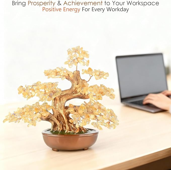 MASGEMES Citrine Chakra Tree Bonsai – Handmade Crystal Tree of Life with Natural Gemstones(360 Large Beads),Healing Crystal Office Decor for Good Luck & Positive Energy 8"