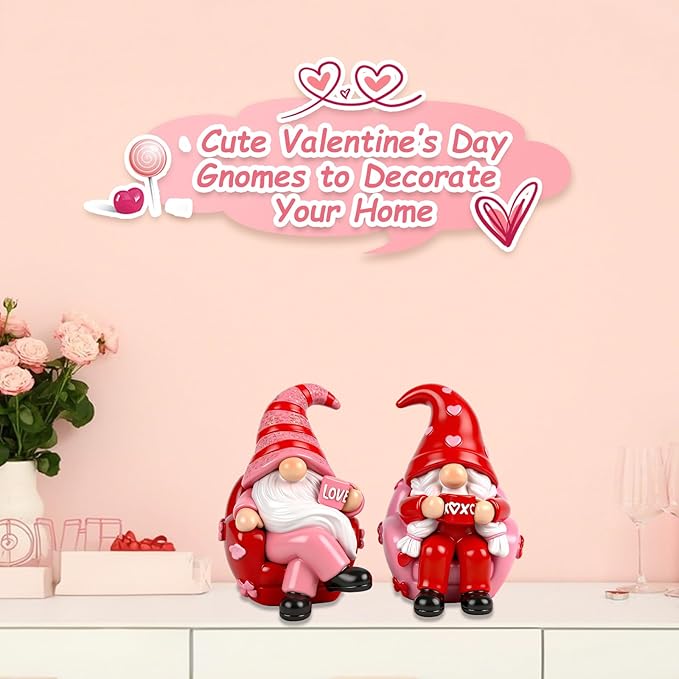 Valentines Day Gnome Decorations 2 PCS Resin Figurines Indoor Collectible Gifts for Him Cute Holiday Decor for Table Home