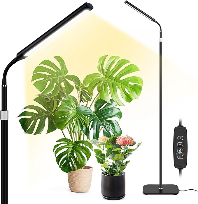 VSOKE Grow Light for Indoor Plants, Full Spectrum LED Grow Light with Stand, Auto On/Off Timer, Height Adjustable Floor Plant Lamp with Gooseneck, 10-Level Dimmable Light for Small Tall Houseplants