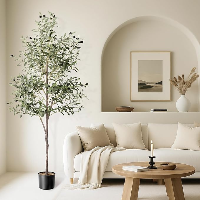 Artificial Olive Tree in Pot, 5.5 FT Tall Faux Olive Tree for Home Indoor Decor, Large Floor Plant with Textured Leaves Fruits, Realistic Wood-Grain Trunk, Fake Plant for Living Room Bedroom Office