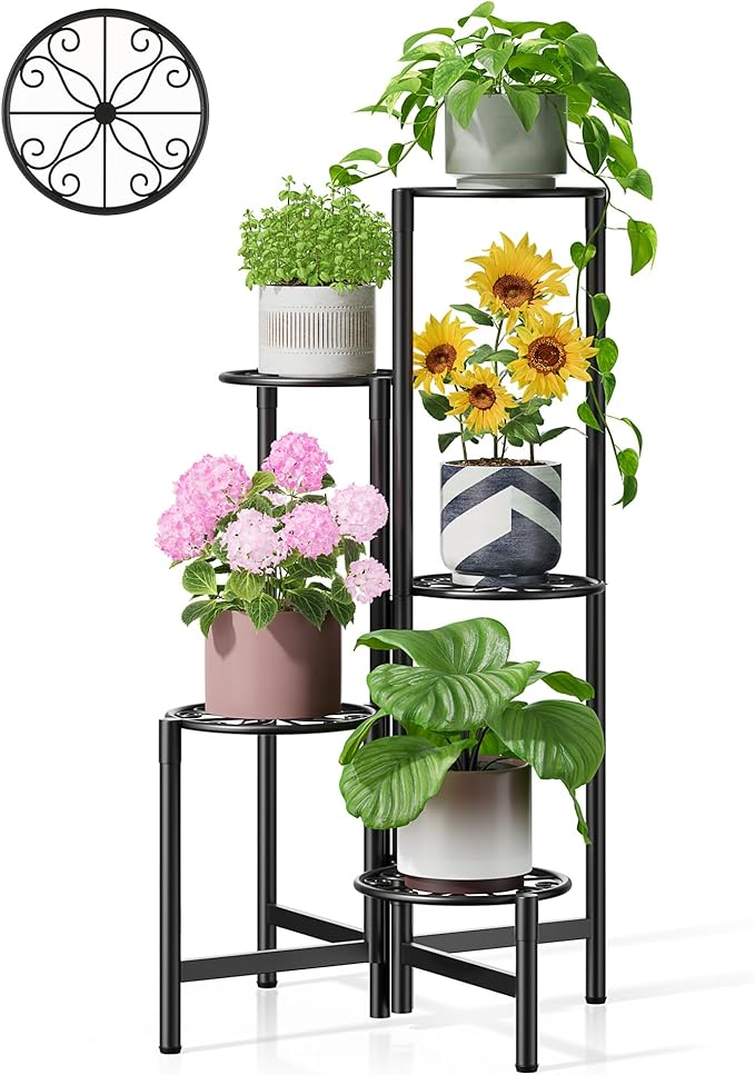 NQW Plant Stand Indoor Outdoor, 5 Tier Corner Metal Flower Display Holder Stand, Folding Tall Plant Rack for Patio Balcony Porch Garden Living Room House, Heavy Duty Wrought Iron Plant Shelf - BlackS