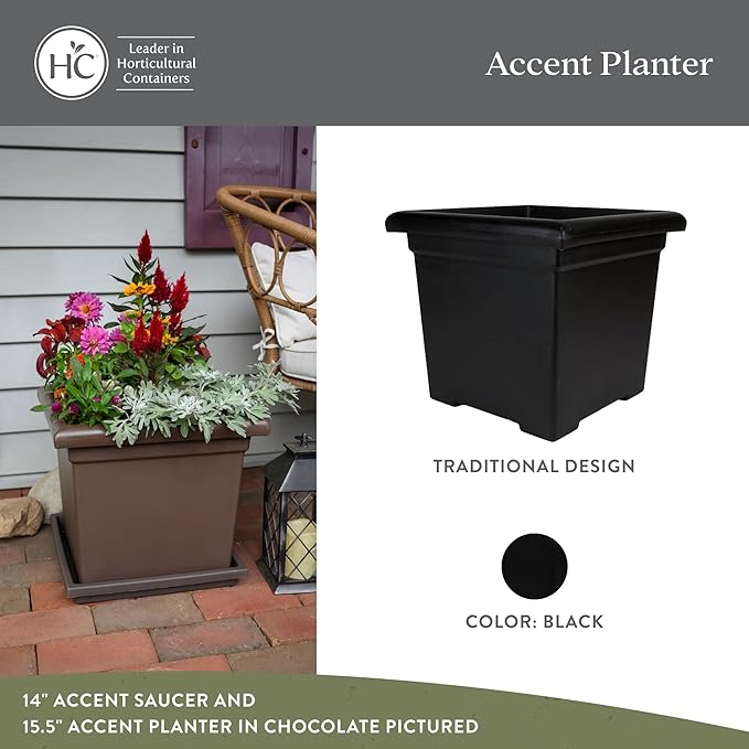 The HC Companies Accent Square Plant Pot w/Drainage - Classic Planters for Outdoor Plants & Indoor Plants - Lightweight & UV-Resistant Square Planter Box (12.5”, Black, Pack of 1)